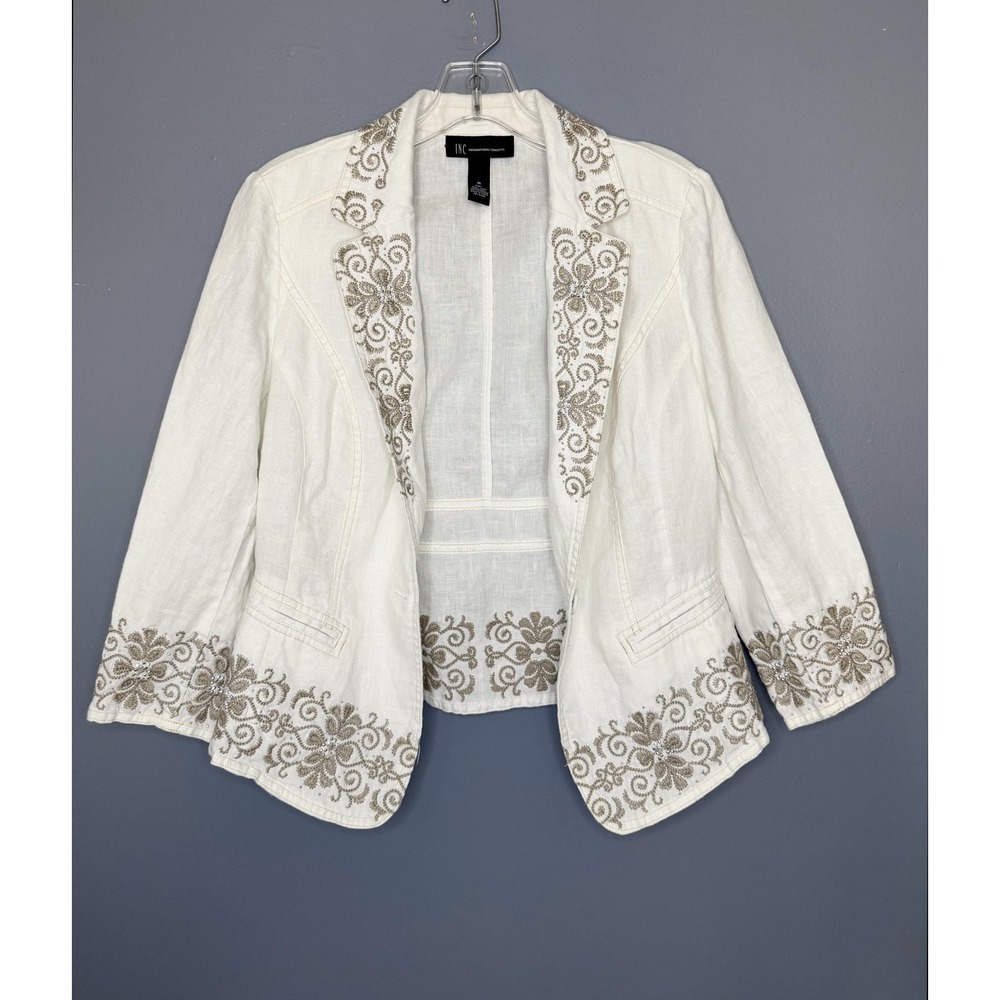 INC International Concepts Blazer Womens M White Linen Embroidered Beaded Boho